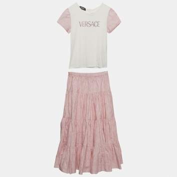 Pre Owned Versace White & Pink Cotton T-shirt & Maxi Skirt Set 10 Years