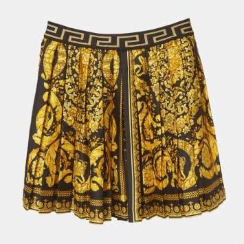 Pre Owned Versace Kids Black Barocco Print Silk Pleated Mini Skirt 8Yrs