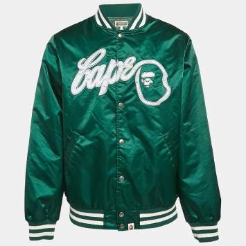 Pre Owned A Bathing Ape Green Nylon Bape Baseball Jacket L