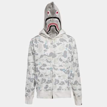 Pre Owned A Bathing Ape White Camo Print Cotton Zip-Up Hoodie L