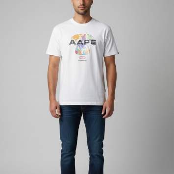 Pre Owned Aape A Bathing Ape White Graphic Logo Print Jersey Crewneck T-Shirt M