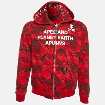 Pre Owned AAPE by A Bathing Ape Red camouflage Graphic Print Jersey Reversible Jacket M