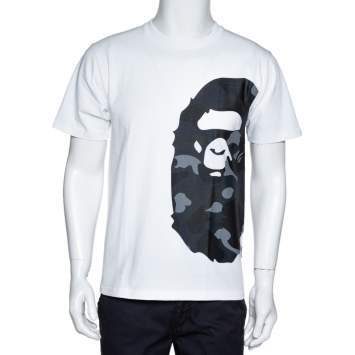 Pre Owned A Bathing Ape White & Navy Blue Cotton Camo Ape Print T Shirt M 