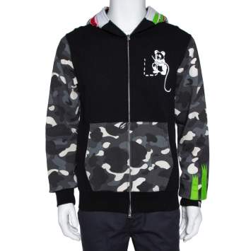 Pre Owned A Bathing Ape Black Knit Camo Panda Print Shark Detail Hoodie L 