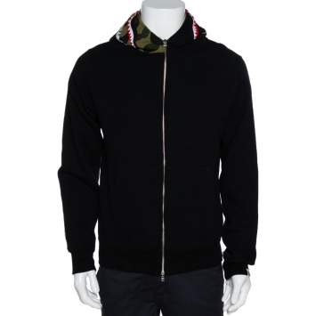 Pre Owned A Bathing Ape Black Cotton Knit Zip Front Shark Hoodie L 