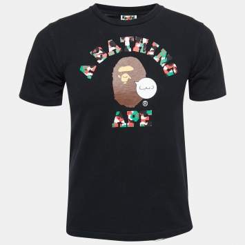 Pre Owned A Bathing Ape Black Cotton Camo Ape Print T Shirt S