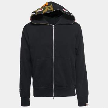 Pre Owned A Bathing Ape Black Cotton Knit Zip Front Shark Hoodie L 