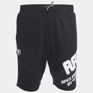 Pre Owned A Bathing Ape Black Printed Cotton Blend Knit Shorts S