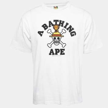 Pre Owned A Bathing Ape White Logo Print Cotton Crew Neck T-Shirt XL
