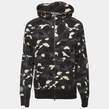 Pre Owned A Bathing Ape Black Camo Print Cotton Shark Head Detail Hooded Jacket XL