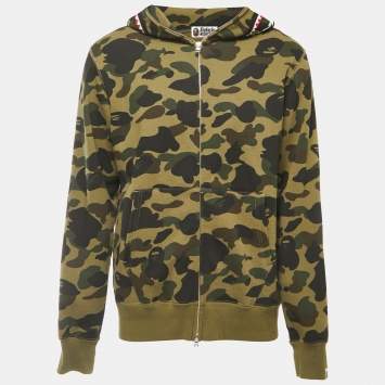 Pre Owned A Bathing Ape Military Green Camo Print Cotton Shark Head Hood Zip Front Jacket XL