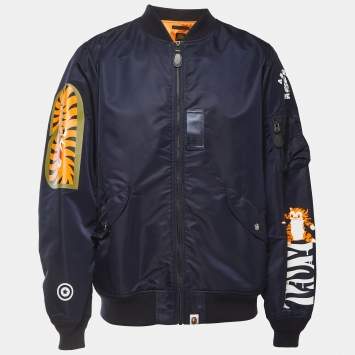 Pre Owned A Bathing Ape Navy Blue Nylon Split Shark & Tiger Patch Detailed Zip Front Bomber Jacket XL
