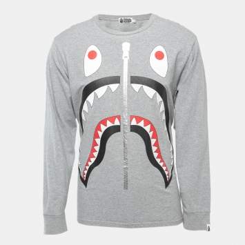 Pre Owned A Bathing Ape Grey Shark Print Cotton Crew Neck Long Sleeve T-Shirt L