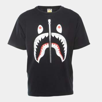 Pre Owned A Bathing Ape Black Shark Print Cotton Crew Neck Half Sleeve T-Shirt XL