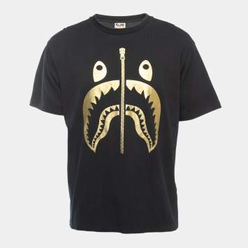 Pre Owned A Bathing Ape Black Shark Zip Print Cotton Crew Neck T-Shirt XL