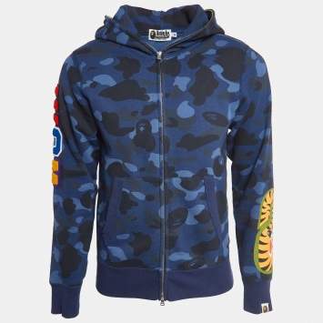 Pre Owned A Bathing Ape Navy Blue Camou Print Shark Embroidered Zip Up Jacket M