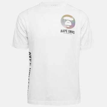 Pre Owned AAPE By A Bathing Ape White Logo Applique Cotton T-Shirt S