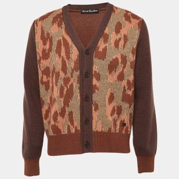 Pre Owned Acne Studios Brown Patterned Wool Knit Cardigan M