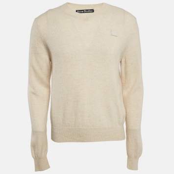 Pre Owned Acne Studios Beige Wool Knit V-Neck Sweater L