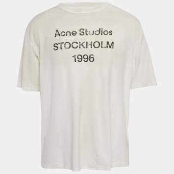 Pre Owned Acne Studios White Logo Print Cotton Distressed T Shirt L