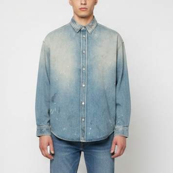 Pre Owned Acne Studios Blue Paint Splatter Distressed Denim Shirt Jacket S