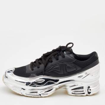 Pre Owned Adidas By Raf Simons Black/Silver Mesh And Leather Ozweego Core Sneakers Size 39