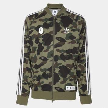 Pre Owned Adidas x BAPE Green Camo Stretch Knit Logo Printed Hoodie S