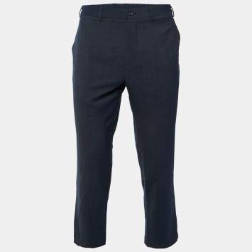 Pre Owned Adolfo Dominguez Navy Blue Textured Wool Blend Pants L/Waist 33"