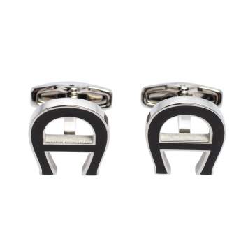 Pre Owned Aigner Black Enamel Silver Tone Logo Cufflinks