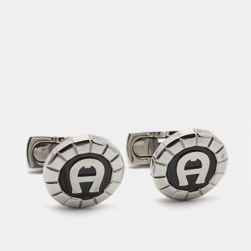 Pre Owned Aigner Oseo Carbon Fiber Silver Tone Cufflinks