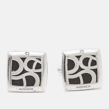 Pre Owned Aigner Logo Leather Silver Tone Cufflinks