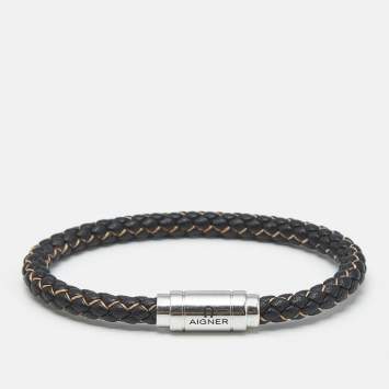 Pre Owned Aigner Braided Leather Silver Tone Bracelet