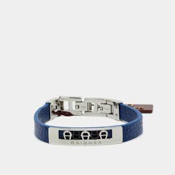 Pre Owned Aigner Logo Leather Gunmetal Tone Stainless Steel Bracelet