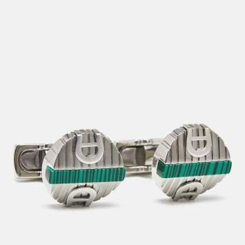 Pre Owned Aigner Logo Green Inlay Textured Silver Tone Round Cufflinks