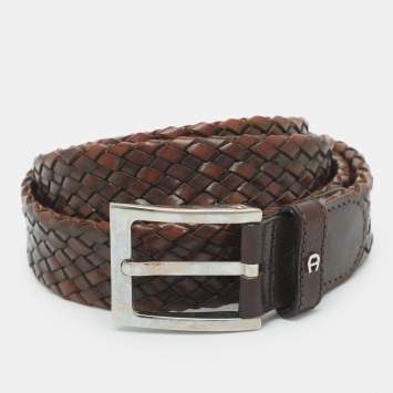Pre Owned Aigner 110 cm Buckle Belt Brown Woven Leather