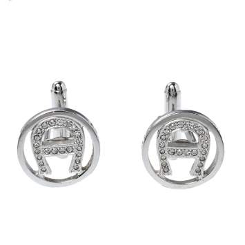 Pre Owned Aigner Crystal Logo Silver Tone Cufflinks