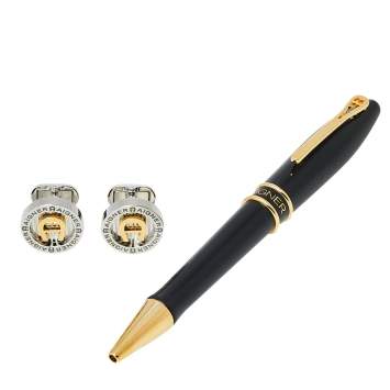 Pre Owned Aigner Black Resin Gold Tone Ballpoint Pen & Two Tone Cufflinks Set