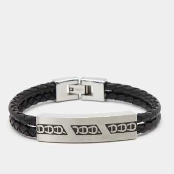 Pre Owned Aigner Stainless Steel Black Leather Bracelet 