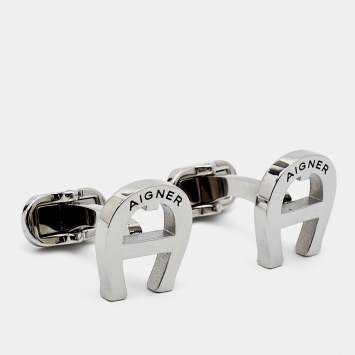Pre Owned Aigner Silver Tone Logo Cufflinks
