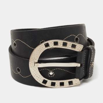 Pre Owned Aigner Black Leather Whipstitch Buckle Belt 85 CM