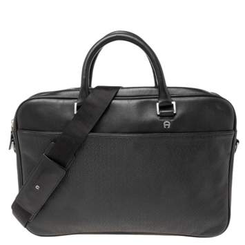 Pre Owned Aigner Black Textured Leather Laptop Bag