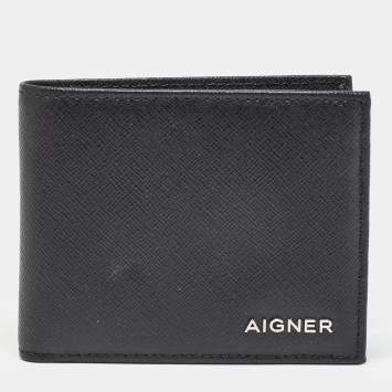 Pre Owned Aigner Black Leather Logo Bifold Wallet