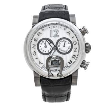 Pre Owned Aigner Silver White Two-Tone Stainless Steel Bari A37500 Men's Wristwatch 46 mm