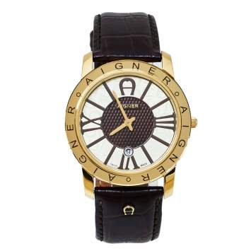 Pre Owned Aigner Gold Tone Stainless Steel & Leather Murano A35100 Men's Wristwatch 40MM