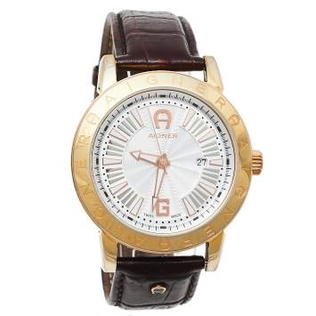 Pre Owned Aigner Silver Gold Tone Stainless Steel Leather Cortina A26000 Men's Wristwatch 42 mm