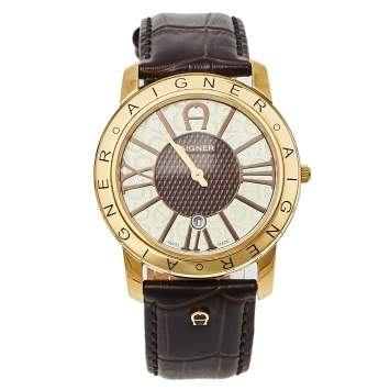 Pre Owned Aigner Brown Gold Tone Stainless Steel and Leather Murano A35100 Men's Wristwatch 40MM