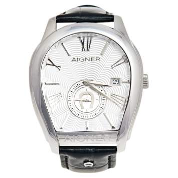 Pre Owned Aigner Silver Stainless Steel Leather Milano A131100 Men's Wristwatch 42 mm