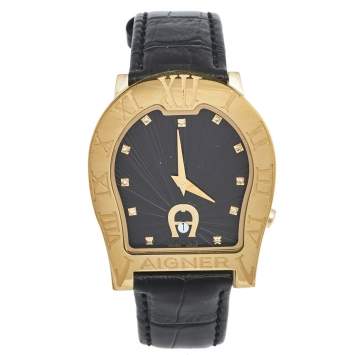 Pre Owned Aigner Black Gold Plated Stainless Steel Leather Verona Nouvo 44 A22000 Men's Wristwatch 37 mm