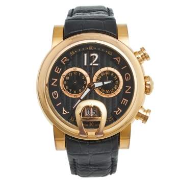 Pre Owned Aigner Brown Rose Gold Plated Stainless Steel Crocodile Bari A37500 Men's Wristwatch 46 mm