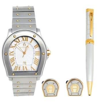 Pre Owned Aigner Silver Two Tone Stainless Steel Signa A105101 Men's Wristwatch Set 40 mm 